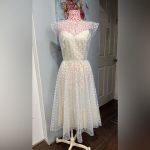 1950s Warren‎ Petites Ivory Polka Dot Tulle Illusion Dress Tea Length Size 6